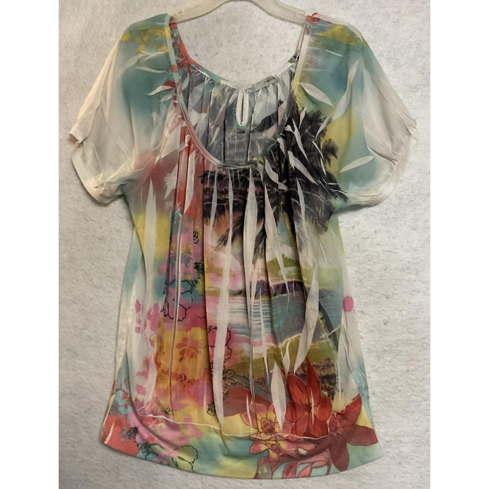 Maurices Blouse Women 2X Multicolor Floral Tropical Sheer Scoop Neck Top Chiffon